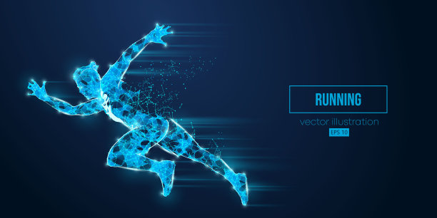 从三角形和粒子在蓝色背景上跑步运动员的抽象线框轮廓。跑步者正在跑短跑或马拉松。矢量图图片下载