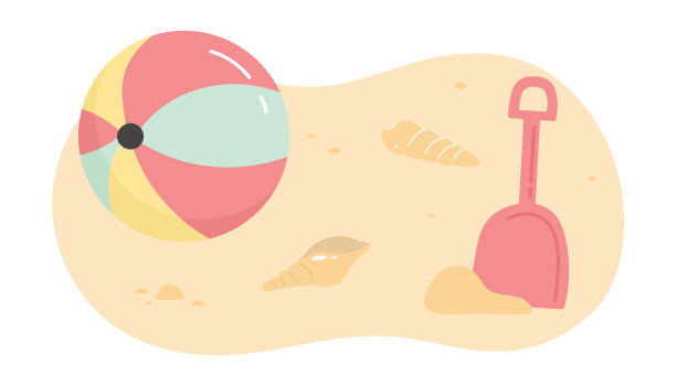 沙滩球和铲子在沙滩上与贝壳。矢量插图儿童的娱乐和娱乐。在海滩度假。夏天的假期。卡通平面插图图片下载