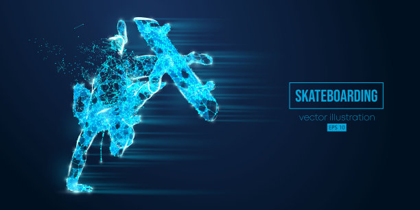从蓝色背景上的三角形和粒子中抽象出一个滑板手的线框轮廓。那个玩滑板的人在耍花招。街头滑板。矢量图图片下载