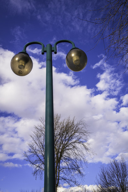 路灯、绿杆子、白云、光秃秃的树、蓝天图片下载