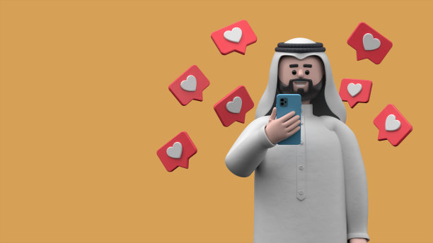 黄色背景中拿着手机并收到点赞通知的微笑阿拉伯男人哈迪3D插画图片下载