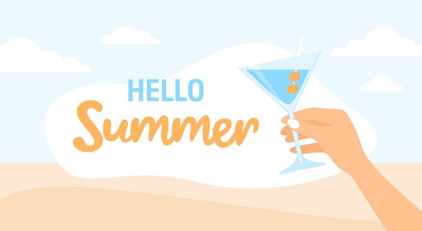 手拿鸡尾酒和短信你好夏天在海滩背景。平面矢量图图片下载