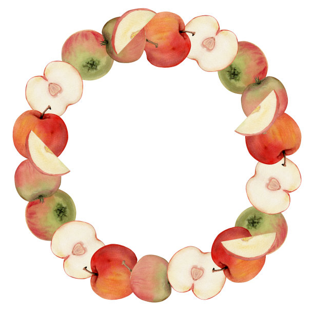 手绘水彩苹果成熟果实，饱满而切片，红绿相间。圆形花环孤立在白色的背景。设计墙壁艺术，婚礼，印花，织物，封面，卡片，请柬。图片下载