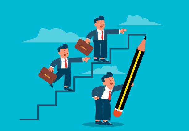 引导或帮助员工获得更好的机会和发展，提高技能或效率，激励员工，管理者用铅笔为员工画出向上流动的阶梯图片下载