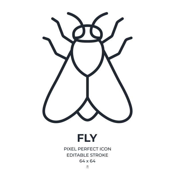 苍蝇昆虫可编辑的笔画轮廓图标隔离在白色背景平面矢量插图。像素完美。64 × 64。图片下载