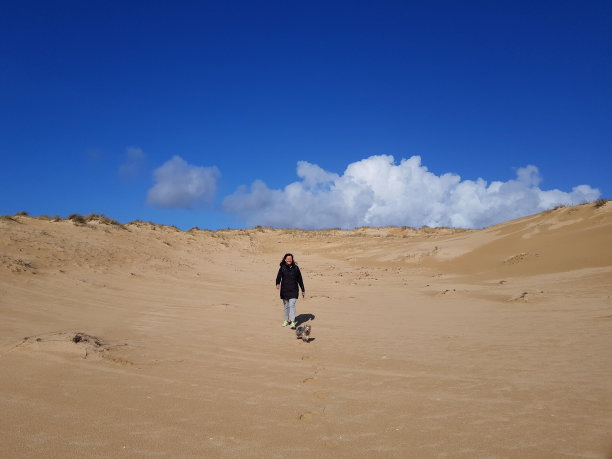 瓦楞纸多沙丘和Carregal泻湖自然公园的狗和女人图片下载