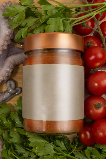 一罐番茄酱和章鱼，配上上面的配料图片下载