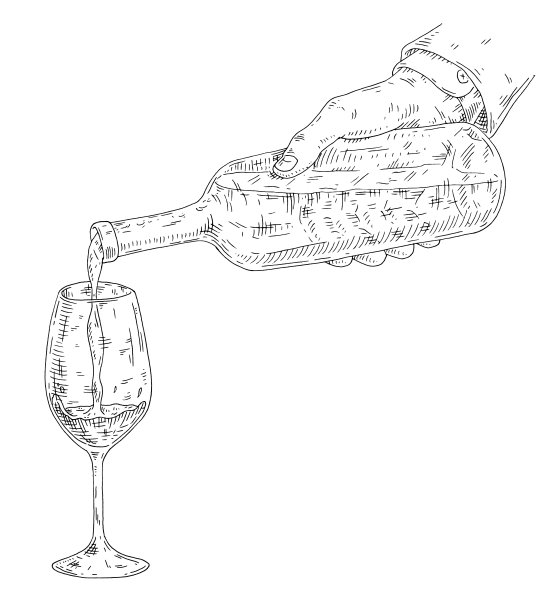 一个男人用手把酒从瓶子里倒进杯子里。复古黑色雕刻图片下载