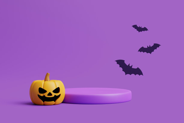 南瓜灯与讲台的产品展示和蝙蝠在紫色的背景图片下载