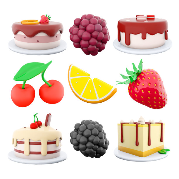 3d渲染柠檬片，新鲜草莓，三个马卡龙，樱桃，覆盆子，柠檬片，草莓，香草沙漠，黑莓，柠檬芝士蛋糕图标集。3d渲染沙漠概念图标集图片下载