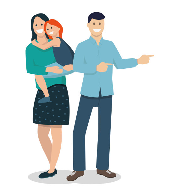 平面设计中的矢量插图。幸福和微笑的家庭通过挥手指示方向图片下载