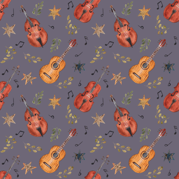 小提琴，低音提琴和吉他，水彩手绘，无缝图案图片下载