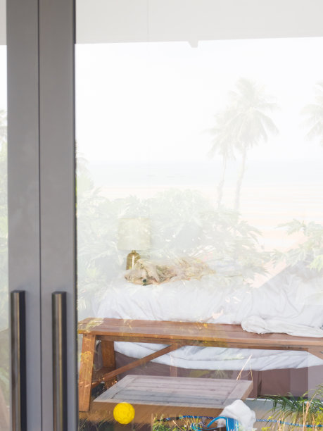 从房间外面看，狗睡在房间的床上，镜子反射着大海。图片下载