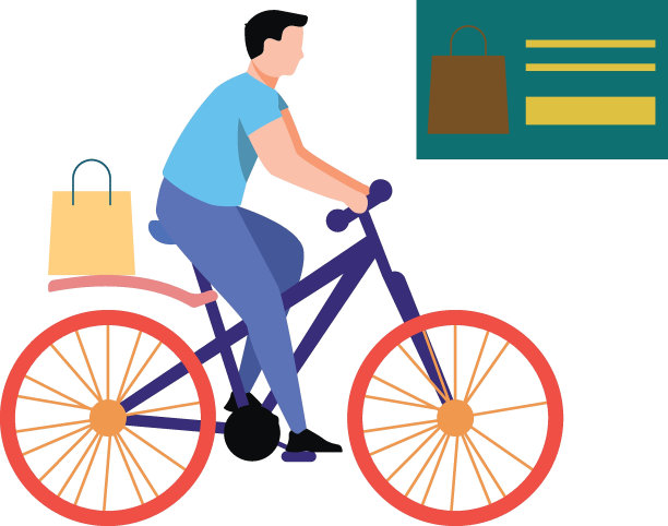 一个男孩骑着自行车送包裹。图片下载