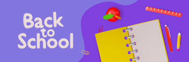 学校的横横幅。笔记本，笔，苹果。矢量插图在3d风格图片下载