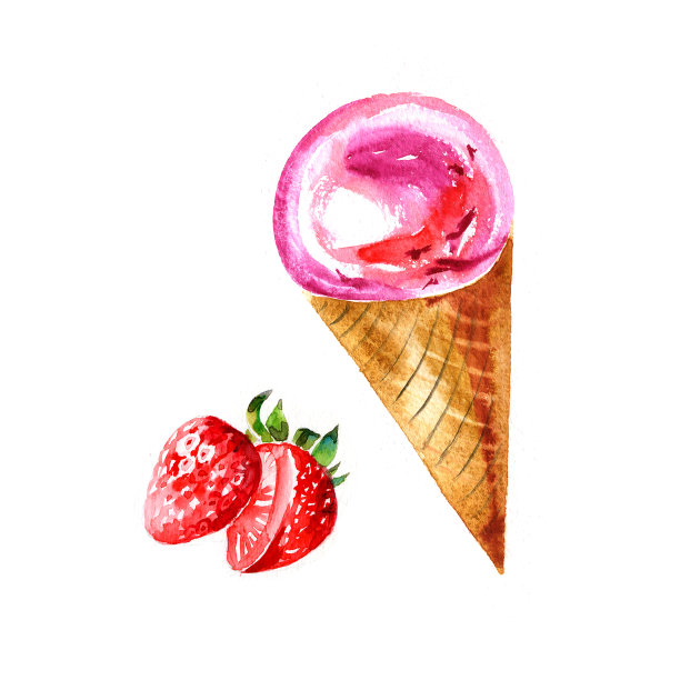 粉红色的水彩冰淇淋在华夫蛋筒孤立的白色背景。手绘插图。图片下载