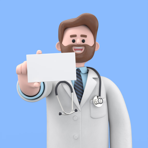 男医生艾弗森展示一张空白名片的3D插图。在蓝色背景上隔离的医学演示剪贴画图片下载