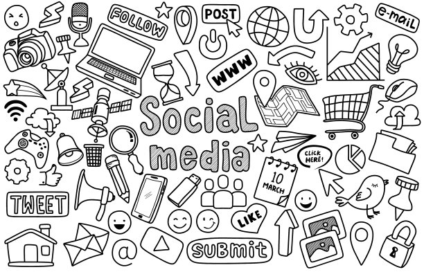 手绘一套社交媒体标志和符号涂鸦元素。隔离在白色背景上图片下载