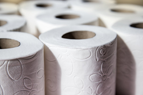 粉色背景上的厕纸卷特写，选择性对焦。卫生的概念图片下载