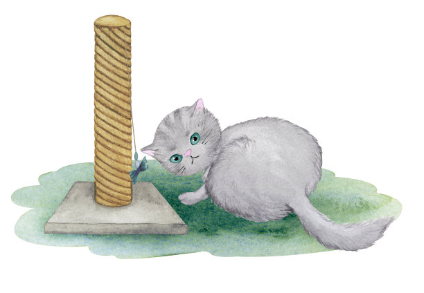 拿着抓木桩在架子上玩毛绒绒的猫。以宠物为主题的水彩插画，宠物店产品。图片下载