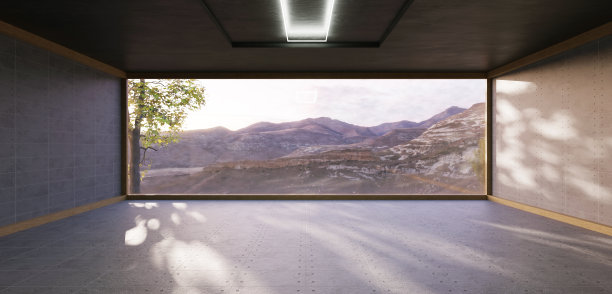 房间背景与大镜子自然风光全景打开房间场景3d插图图片下载