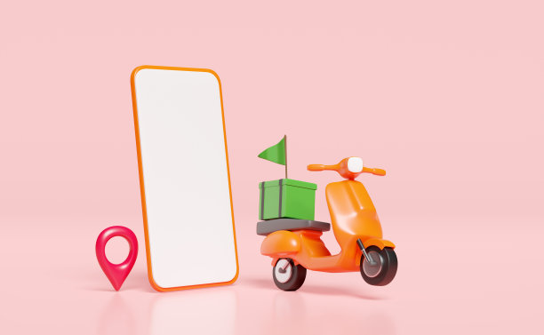 3d配送橙色滑板车，绿色食品盒，配有智能手机，手机，大头针，粉色背景上孤立的旗帜。手机模板，手机模型，快递外卖服务概念，3d渲染图片下载