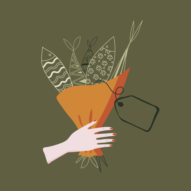 那只手拿着一束鱼和一个标签。男性的气味。鱼被收集成一束。写标签。准备好了明信片。向量图片下载