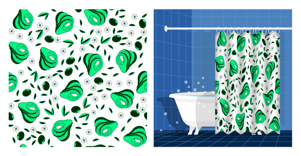 浴室内部配有浴缸和窗帘装饰，牛油果切花叶无缝图案。矢量图图片下载