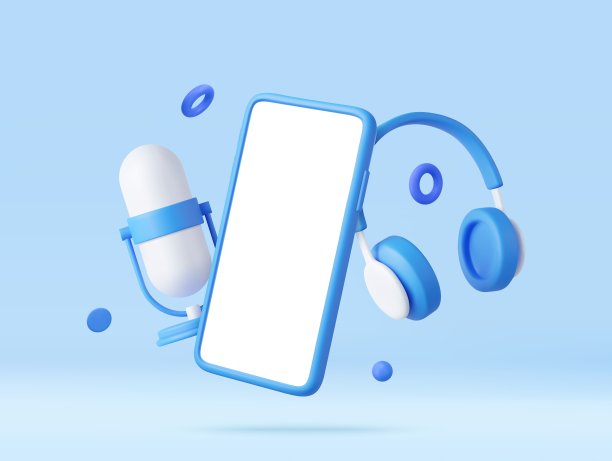 3D复古麦克风和耳机和智能手机图片下载