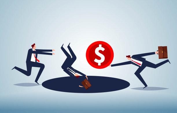 诱导消费或金融诈骗，投资风险或商业诈骗，贪婪使人失去思维，商人手持金币越过洞穴引诱他人落入其中图片下载