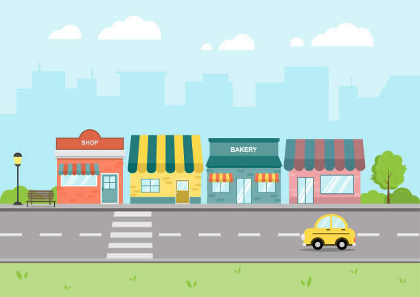 城市景观中有五颜六色的商店和商店。城市景观平面设计与城市生活方式。图片下载
