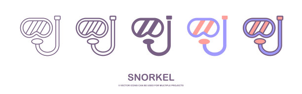 5个带通气管的口罩平面图标，彩色和实心。孤立矢量插图。潜水面罩线和字形图标，潜水和水下，浮潜标志矢量图形图片下载