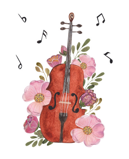 小提琴和花，水彩手绘孤立的白色背景图片下载
