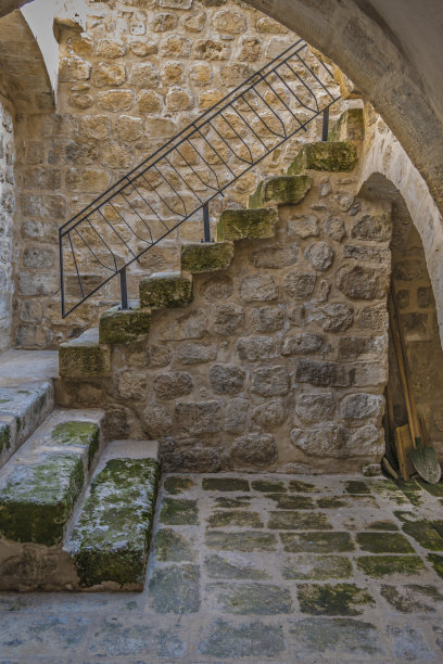 老建筑中带有绿草的石制服务楼梯图片下载