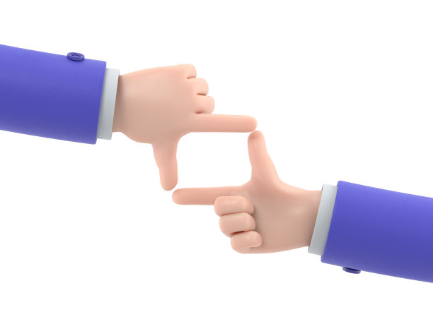 卡通手势图标模型。手架。两只手做手势边框。用于图像、对象、文本的空间。展示照片。白色背景的3D渲染。图片下载