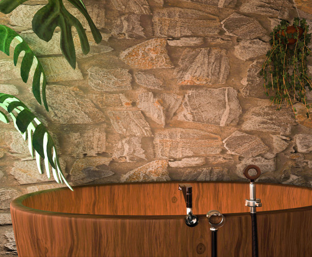 质朴风格的浴缸，在一个乡村现代浴室与石墙，怪物树叶和悬挂植物。沐浴和身体卫生用品展示的背景。三维渲染图片下载