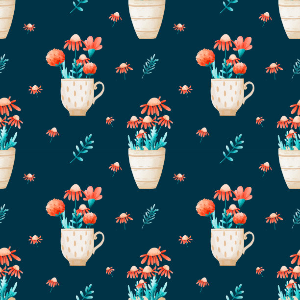 花卉无缝图案与杯和花束的野花与深蓝色的背景。数码水彩印刷品，织物图片下载