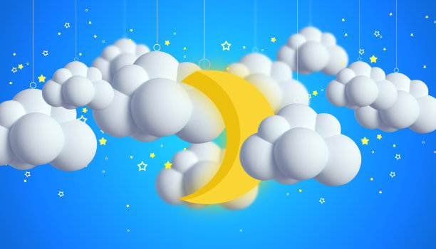 美丽可爱的月亮卡通和天空上的云彩，夜晚幻想艺术数字背景。图片下载