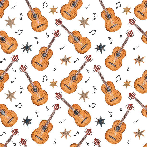 原声吉他，水彩手绘，无缝图案图片下载