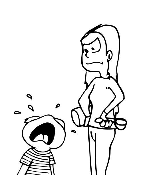 可爱悲伤的小男孩性格哭得很大声，而他的妈妈看着他很生气。手绘素描黑白卡通风格矢量插图。图片下载