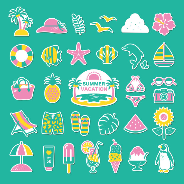 贴纸风格的夏日图标合集：夏日、图标、海滩、假期、插画图片下载