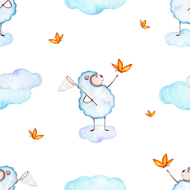 无缝水彩图案与可爱的羊捕捉蝴蝶在云图片下载
