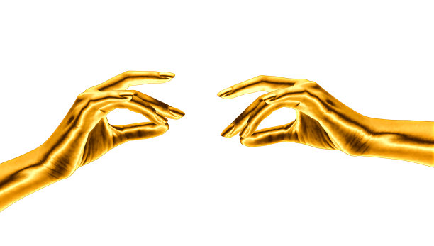 金女人手孤立在白色背景。美丽的女人双手捧金，金色的双手，闪耀着奢华的性感魅力图片下载