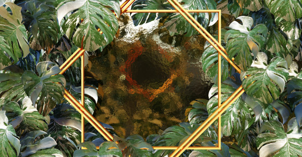 棕榈叶和金色的框架叶怪物Monstera绿叶植物学植物学优雅的自然模板叶背景3D插图图片下载