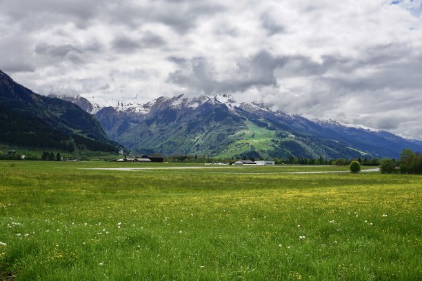 在奥地利阿尔卑斯山脚下散步。在白雪皑皑的山脉和绿色的草地边散步。绕奥地利泽尔湖散步。奥地利城市泽尔姆西的绿色草地。图片下载