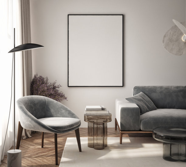 客厅墙上的海报框架模型。豪华的公寓背景与当代设计。现代室内设计。3D渲染，3D插图图片下载