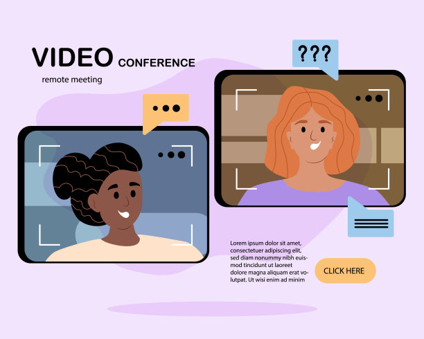 视频会议电话登陆页或横幅。女人在电脑屏幕上与同事或团队成员交谈。图片下载