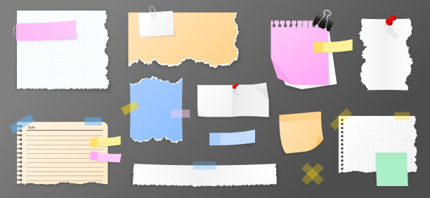 纸质便利贴、备忘录、记事本和带夹夹和大头针的破纸。会议提醒、待办事项和办公室通知的空白记事本。信息板。向量。图片下载
