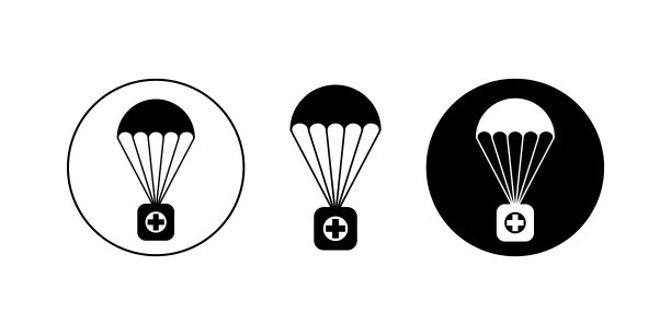 在包装上涂鸦降落伞。一套降落伞与医疗箱矢量图标。图片下载