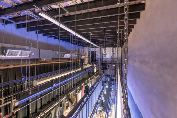 剧场舞台索具，包括剧场设备、灯光、支架和链条。从高处俯瞰索具拍摄的照片。图片下载